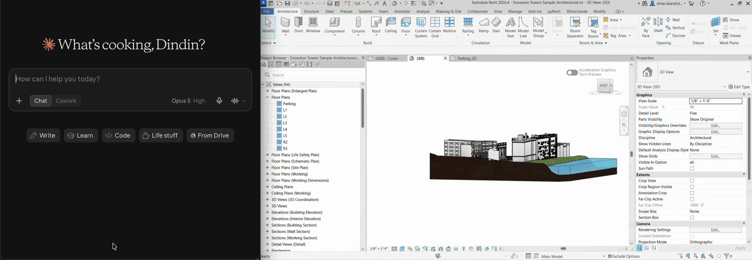 Claude Desktop conversation on the left, Revit 2026 on the right: Claude reads the open model, finds the largest room, opens its plan and selects it, isolates it, places a chair and moves it, then cleans up